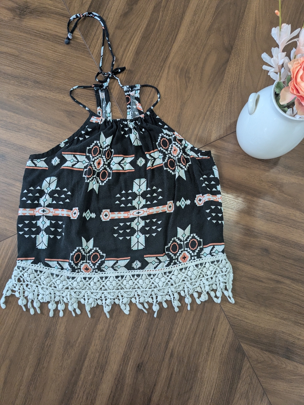 No Boundaries Black Aztec Halter Tank with Crochet Fringe